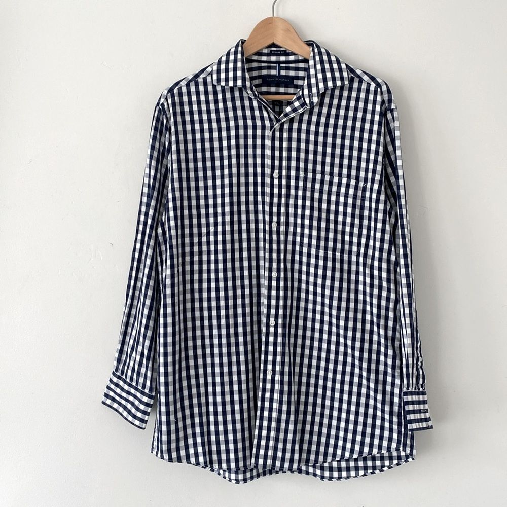 Tommy Hilfiger Men’s Navy Gingham Shirt Regular Fit Neck Sz M Preppy Casual